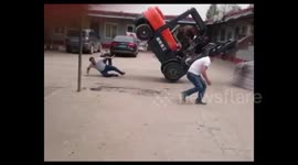 Fork truck been lifted by cargo