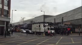 Box Park Shoreditch on fire with fire truck attending
