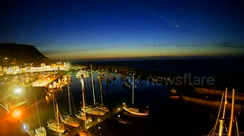 Sunrise with the Moon & Jupiter rising over Scarborough Harbour 11/09/15 - Timelapse