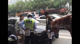 BMW driver beeps horn at horse... Horse kicks car