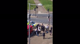 Reporters setting up outside London Aquatics Centre after gas leak