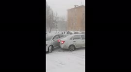 Multiple cars skid into each other as snowfall hits city in southern Russia