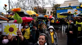 Protest with sunflowers against Russian invasion of Ukraine in Russian Embassy of Madrid