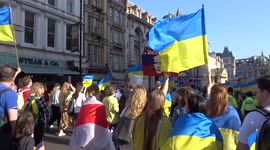London Stands with Ukraine solidarity march crowds in Londons Haymarket