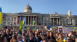 Crowds chant “Stand With Ukraine” at the ‘London Stands With Ukraine’ rally in Trafalgar Square