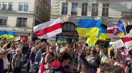 Crowds chant “Stand With Ukraine” at the ‘London Stands With Ukraine’ march in Piccadilly