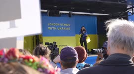 Woman talking on stage at the 'London Stands with Ukraine: March and Vigil' 26/03/22