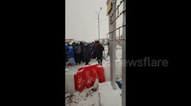 Long lines of refugees at the Romanian-Ukrainian border in Siret Customs Douane, Romania