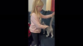 Little girl gets hug and a kiss from cat best friend