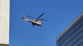 Rare image of an helicopter Super Puma exceptionnaly authorised to fly in the sky of Paris on 2 april 2022 at 9am.  As part of the helicopter transport of elements on the roof of the BNF (Bibliothèque Nationale de France) (=National Library of France), a