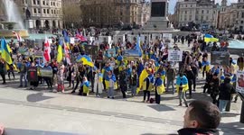 Protesters chant “boycott Russia” at a pro-Ukraine rally in Trafalgar Square