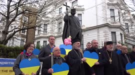 Ukrainian clergy bless Ukraine at the statue of Saint Volodymyr in Holland Park - London