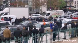 Parisian Taxi drivers's protest on the traffic circle of the Place d'Italie in Paris.
