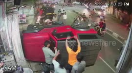 CCTV catches moment pedestrians narrowly escape dramatic car crash