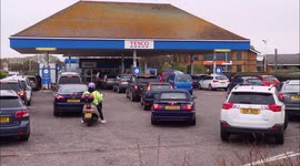 Huge queues form at petrol station in Kent, UK following fuel disruption due to protests