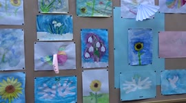 Doves of Peace and sunflower artworks by children displayed at Russian Orthodox Cathedral of the Dormition at Knightsbridge - London