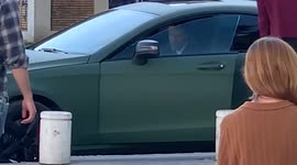 Aaron Eckhart botches take as he opens door onto bollard during filming in Greece