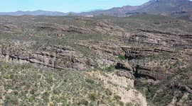 Aerial view of landscape, mountains, hills and canyons in Arizpe, Sonora, Mexico.
