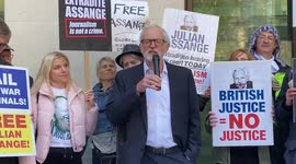 Former Labour leader Jeremy Corbyn joins Assange supporters outside London court