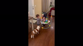 'Boy falls down after his baby brother suddenly lets go of cup 
'