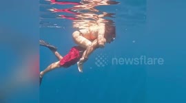 Woman piggybacks on boyfriend while free diving underwater