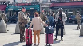 Army personnel with heavy assault rifles are on patrol in Paris’ Gare du Nord