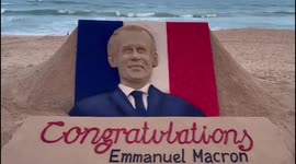 Indian sand artist congratulates Emmanuel Macron on re-election with sculpture that looks a bit like... Prince Charles?
