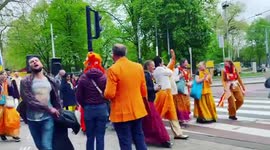 Street parade on King's Day in Amsterdam, Netherlands
