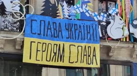 Pro-Ukraine slogans plastered over Paris building
