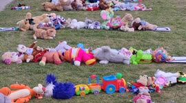 Teddy bears laid out to commemorate the children killed in Ukraine