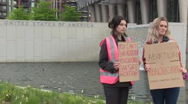 Pro-choice protesters gather outside US Embassy in London after leak suggests Supreme Court may overturn abortion rights