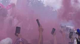 Real Madrid team bus arrives for CL clash against Manchester City to jubilant smoke-filled mayhem