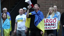 Ukrainians in Sydney protest outside the Hungarian Consulate to demand the oil embargo against Russia, as Hungary has not been supporting it