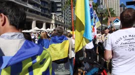 ‘Ukraine’ is written in the sky above ‘Song for Ukraine’ rally