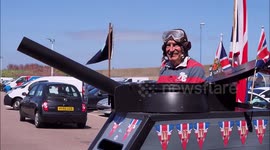 Pensioner parades mobility scooter tank on 77th VE Day in Kent, UK