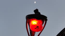 Pareidolia in Paris. Evil red cat lighting face with the shining moon in the sky.Metro station Europe. 8 may 2022