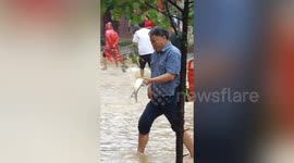Residents race to catch fish as rainstorm floods road in southern China