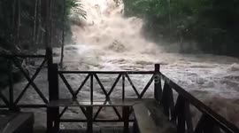 Waterfall overflows after heavy rain in southern Thailand