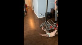 Cart crash! Baby boy learns that shopping isn't for kids