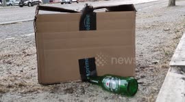 Pareidolia in Paris. Amazon box, Heineken beer. Arc de Triomphe, France. 12 may 2022. Near the Champs-Elysées