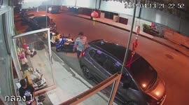 Stray dog smashes glass door left open on pavement
