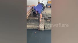 Passerby used broom to save kitten from dirty canal