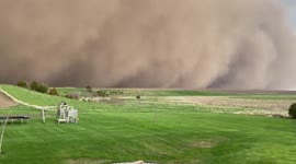 Extreme close-up of great wall of dust slamming Sioux Falls, South Dakota