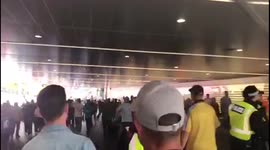Chelsea fans on their way to the Wembley stadium ahead of the FA Cup Final game with Liverpool