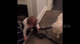 Girl pulls dog leash
