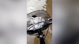 Cyclist rides through flooded street as Thailand enters wet season