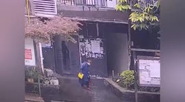 Huge meat cleaver falls from building and narrowly misses woman in China
