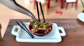 Miniature food expert creates impressive meals using TINY COOKWARE and CUTLERY