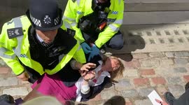 Police tackle activist to ground during protest outside Shell meeting in London