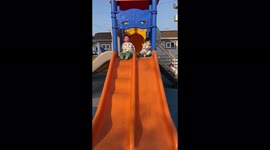 'Baby boys show fun, different ways of sliding down a twin slide 
'